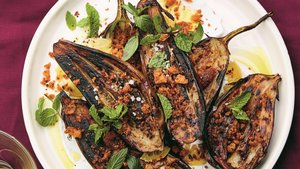 Long-Roasted Eggplant with Garlic, Labne, and Tiny Chile Croutons