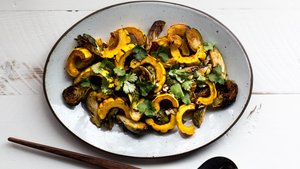 Miso-Harissa Delicata Squash and Brussels Sprouts Salad