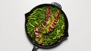 One-Skillet Steak and Spring Veg with Spicy Mustard