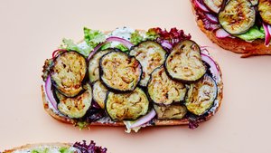 Open-Face Eggplant Sandwiches with Ricotta and Pickled Onions