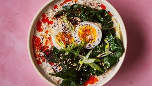 Overnight Oats with Soft-Cooked Egg and Miso-Braised Kale