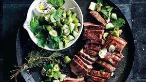 Pan-Seared Lamb Loin With Green Olive Salad