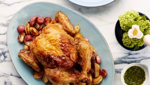 Paprika-Roasted Chicken, Potatoes, and Radishes With Salsa Verde