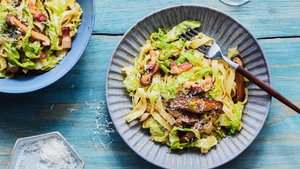 Pasta Carbonara With Cabbage and Mushrooms
