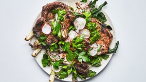 Pork Chops with Radishes and Charred Scallions