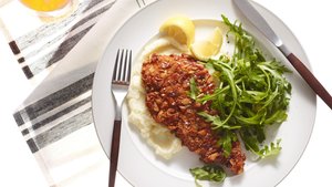 Pretzel-Crusted Chicken Cutlets With Cauliflower Purée and Arugula