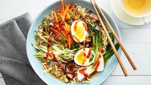 Quick Pork Ramen with Carrots, Zucchini, and Bok Choy
