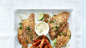 Quinoa, Lime and Chili-Crumbed Snapper With Sweet Potato Wedges