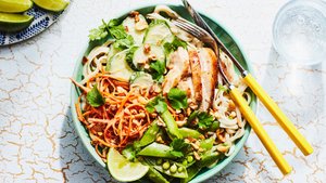 Rice Noodles with Peanut Sauce, Chicken, and Snap Peas | Epicurious