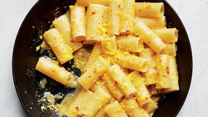 Rigatoni Pasta with Lemon-Chile Pesto and Grated Egg