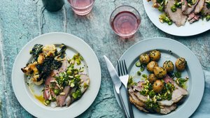 Roast Leg of Lamb with Potatoes and Asparagus Gremolata