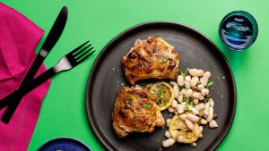 Roasted Chicken Thighs with White Beans, Lemon, and Capers