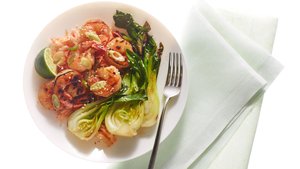 Roasted Hot-Honey Shrimp with Bok Choy and Kimchi Rice