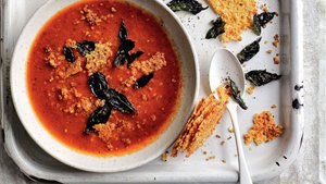 Roasted Quinoa and Tomato Soup With Parmesan Wafers and Crispy Basil