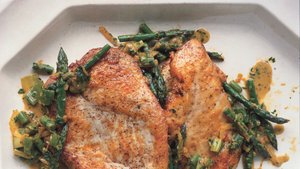Sauteéd Chicken Cutlets with Asparagus, Spring Onions, and Parsley-Tarragon Gremolata