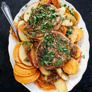 Sautéed Pork Chops with Sweet Potato, Apples and Mustard Sauce