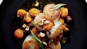 Scallops with Hazelnuts and Warm Sun Gold Tomatoes