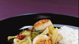 Sea Scallops with Ham-Braised Cabbage and Kale