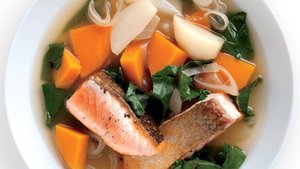 Seared Salmon with Winter Vegetables and Kombu Broth