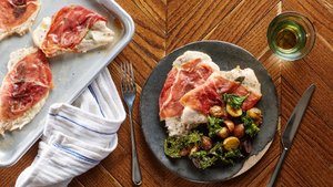 Sheet-Pan Chicken Saltimbocca with Roasted Potatoes and Crispy Kale