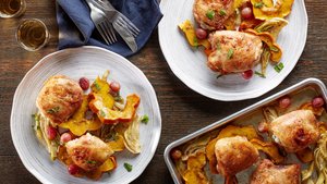 Sheet-Pan Cumin Chicken Thighs with Squash, Fennel, and Grapes