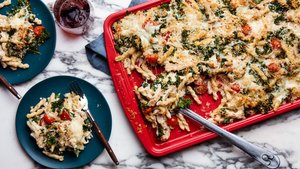 Sheet-Pan Pasta Bake with Chicken and Kale