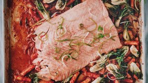 Sheet-Pan Salmon With Rice Cakes and Kimchi