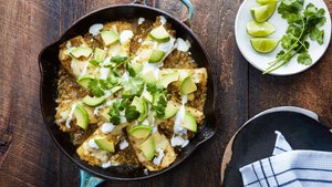 Skillet Chicken and Zucchini Enchiladas with Tomatillo Sauce