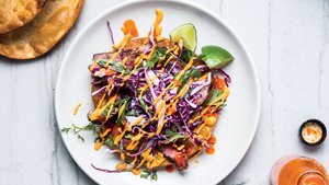 Skirt Steak Tostadas With Cashew Salsa and Red Cabbage Slaw