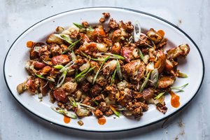 Smashed Potato Salad with Chorizo, Aioli, and Scallions
