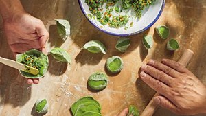 Spinach Dumplings With Tofu and Rice Noodles