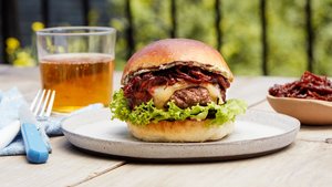 Steak Burger with Tangy Caramelized Onions and Tarragon Butter