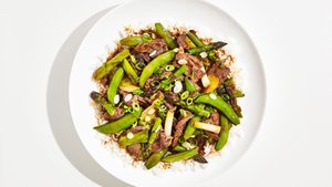 Steak, Snap Pea, and Asparagus Stir-Fry