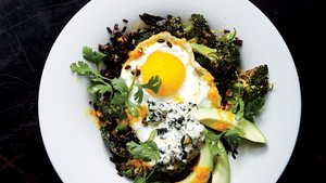 Stir-Fried Black Rice with Fried Egg and Roasted Broccoli