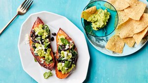 Stuffed Sweet Potatoes with Black Beans, Spinach, and Guacamole