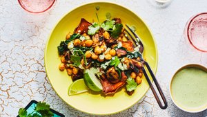 Stuffed Sweet Potatoes with Curried Chickpeas and Mushrooms