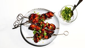 Sweet and Spicy Bacon Kebabs with Scallion-Ginger Relish