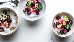 Sweet Granita With Rosewater, Blackberries, Toasted Almonds, and Mint