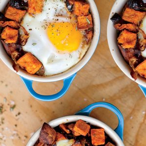 Sweet Potato and Caramelized Onion Hash with Baked Eggs
