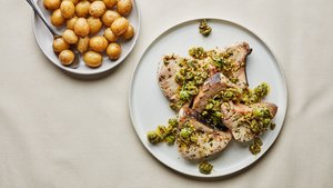 Swordfish Steaks with Olive-Pistachio Sauce and Potatoes