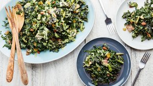 Tempura Kale Salad With Shiitake Mushrooms, Raisins, and Almonds