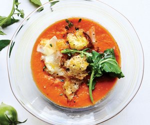 Tomato Soup with Arugula, Croutons, and Pecorino