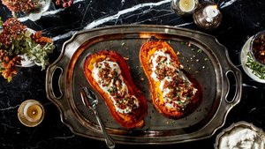 Twice-Baked Butternut Squash With Parmesan Cream and Candied Bacon