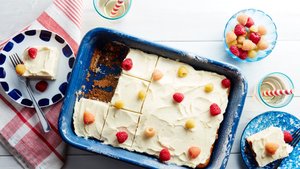 Vanilla-Buttermilk Sheet Cake with Raspberries and Orange Cream-Cheese Frosting