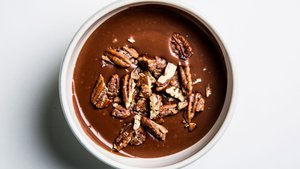 Warm Cocoa Pudding with Candied Pecans