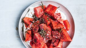 Watermelon With Yogurt, Poppy Seeds, and Fried Rosemary