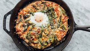 White Skillet Pizza with Spring Greens and an Egg